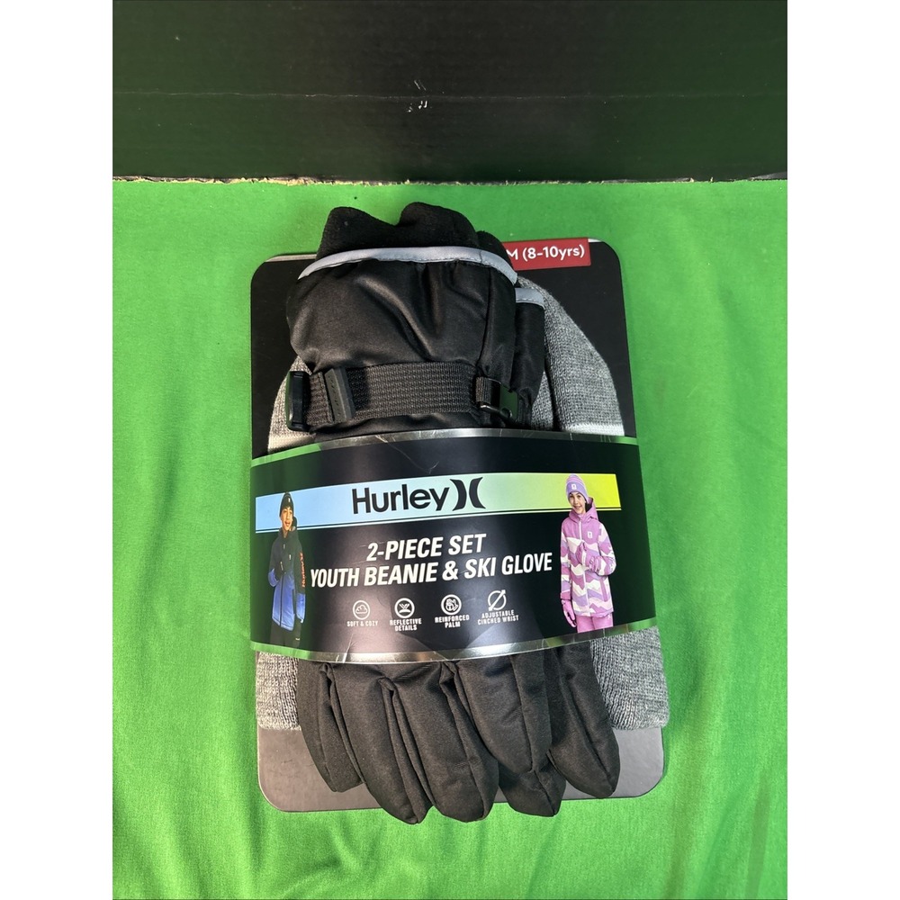NWT Hurley Kids 2-Piece Beanie and Ski Glove Set Gray Black Size M 8/10